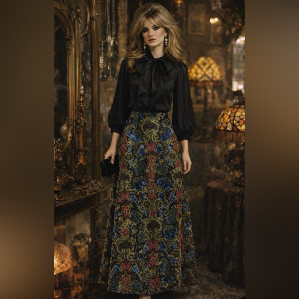 *Vintage 1960’s Floral Velvet - Thick, Tapestry, Maxi Skirt - Multicolor
